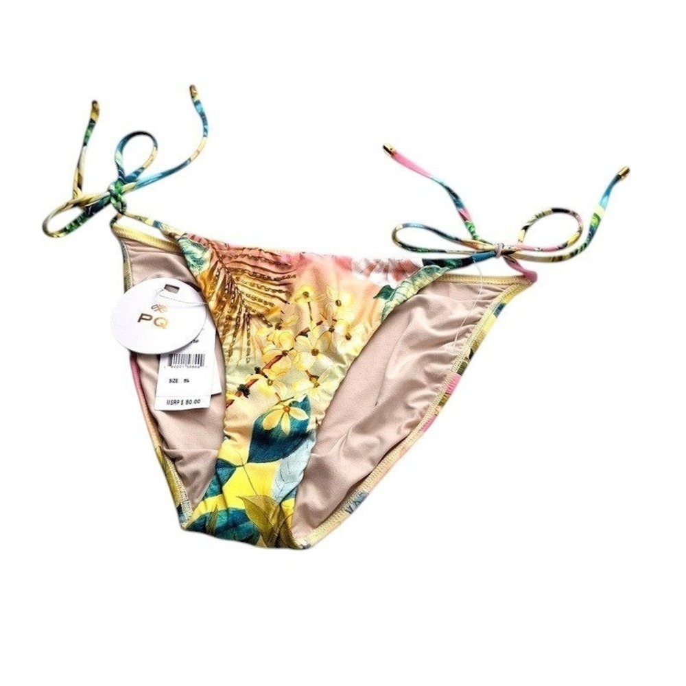 PQ Swim Womens Bikini Bottom Small Yellow Floral Beaded‎ Ruched Tropical Resort